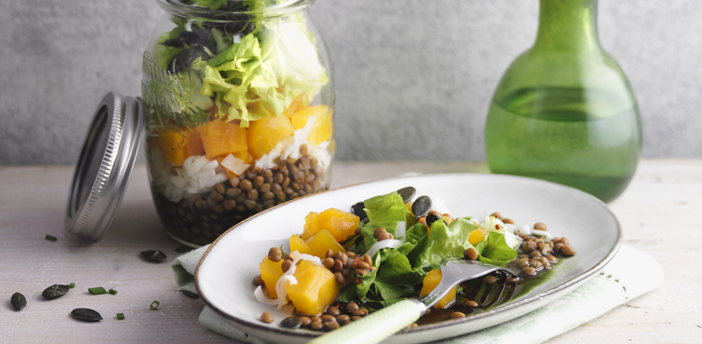 Salad in jar with pumpkin and lentils